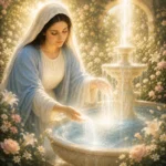Maria em jardim luminoso tocando uma fonte de água radiante