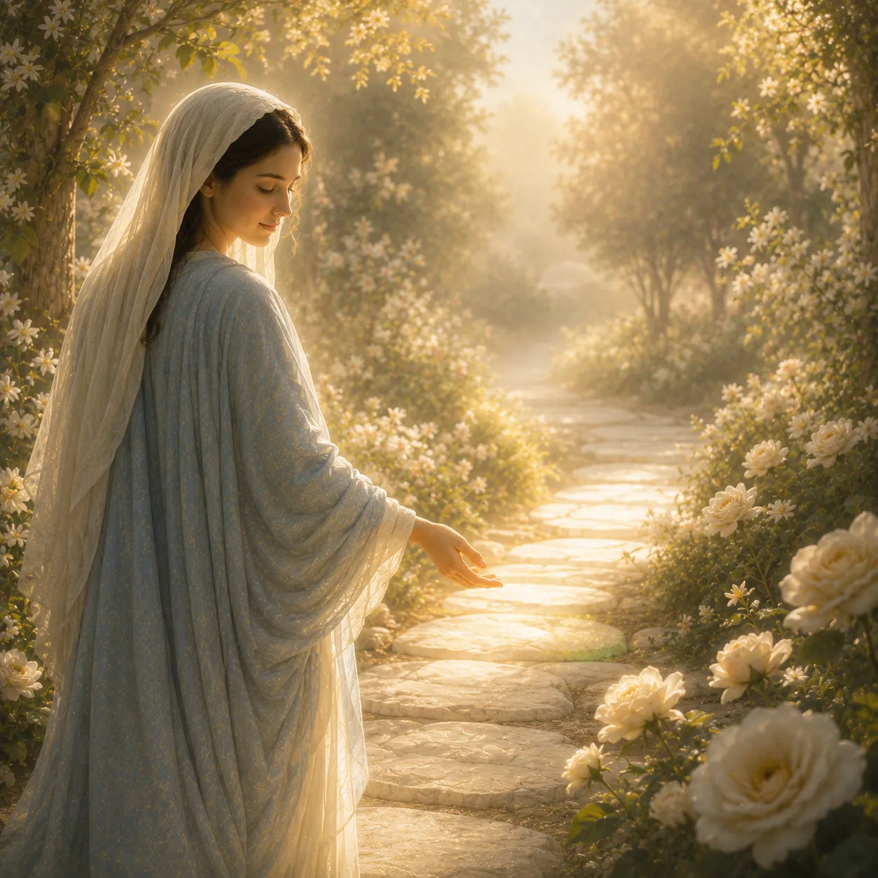 Maria em um jardim luminoso apontando para um caminho iluminado entre flores