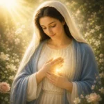 Maria em jardim luminoso com as mãos sobre o peito irradiando uma luz dourada no coração