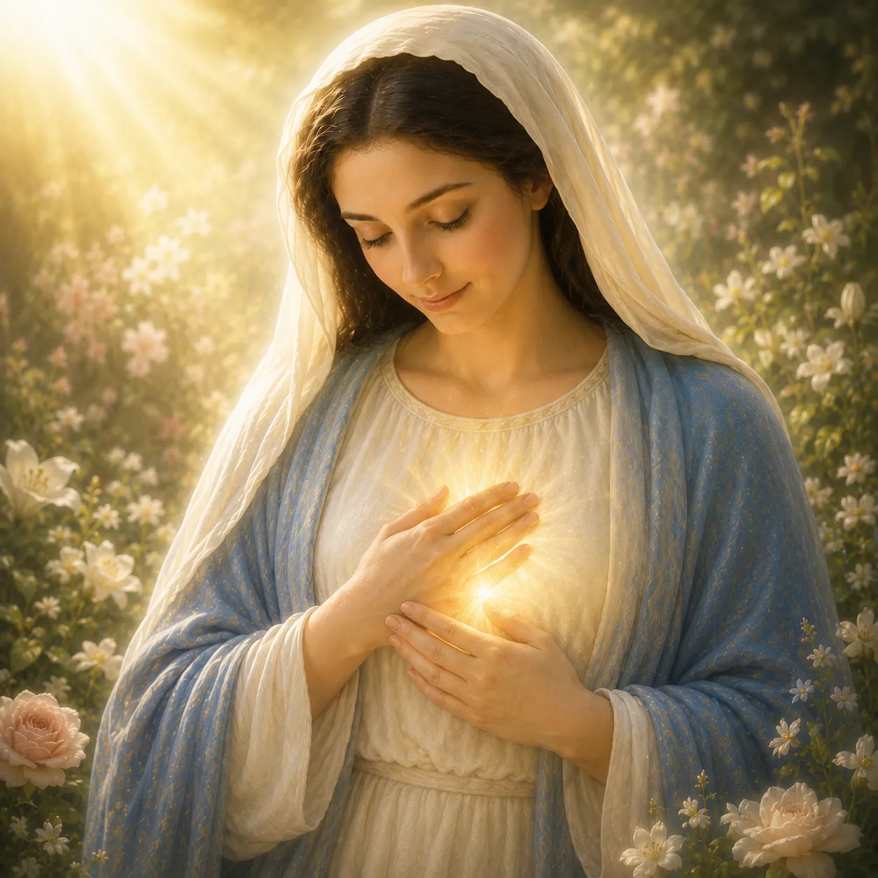 Maria em jardim luminoso com as mãos sobre o peito irradiando uma luz dourada no coração