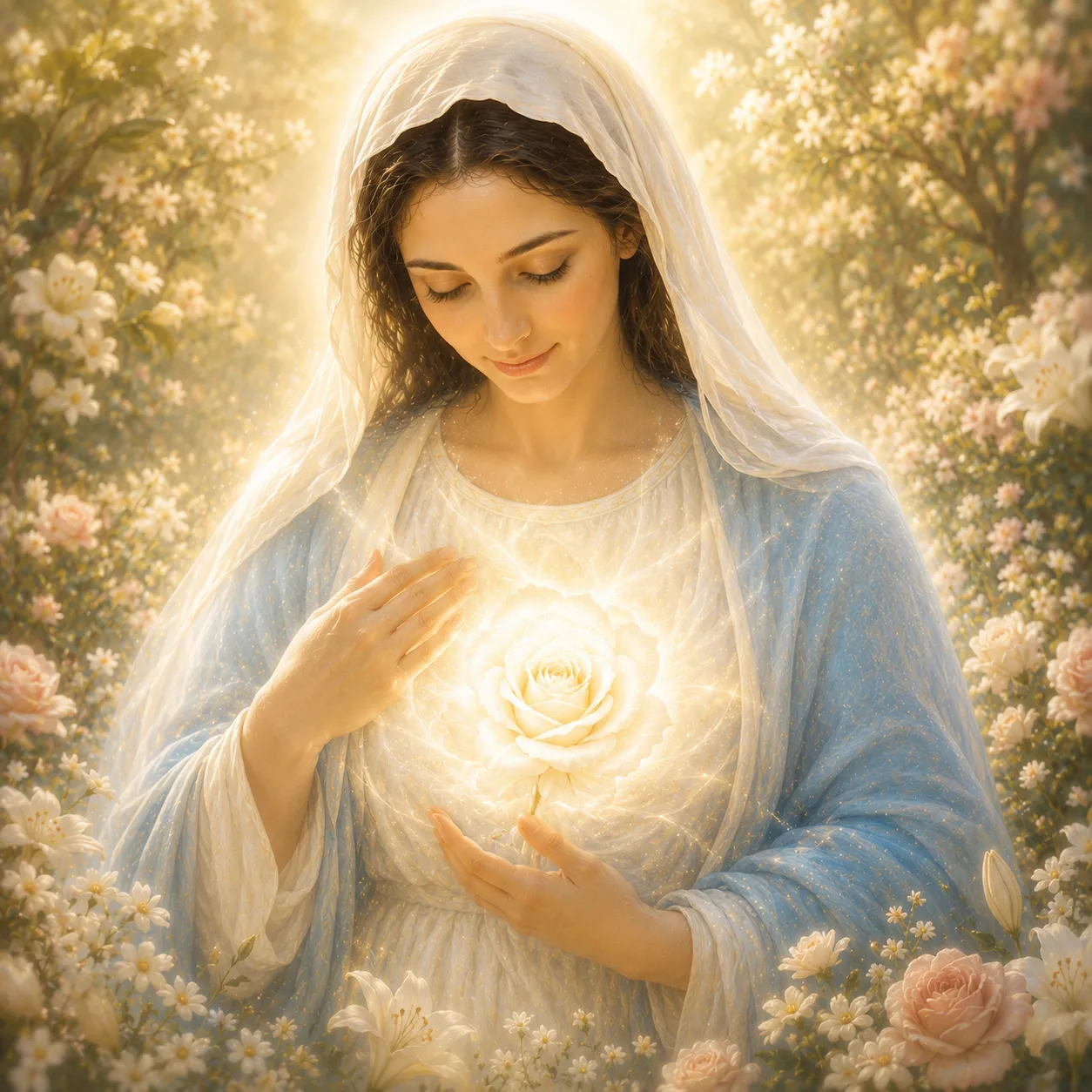 Ativação da Rosa Branca 1 Maria em jardim luminoso segurando uma rosa branca irradiando luz no coração
