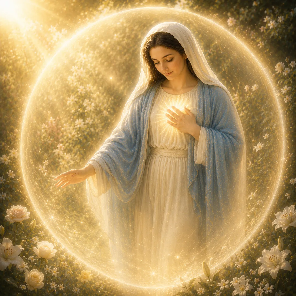 Maria em jardim luminoso envolvida por um campo de luz branca e dourada