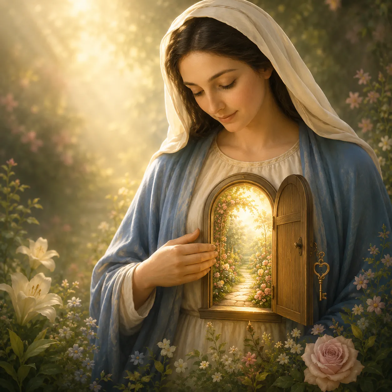 Maria em um jardim luminoso com uma porta aberta no coração revelando um caminho interior florido