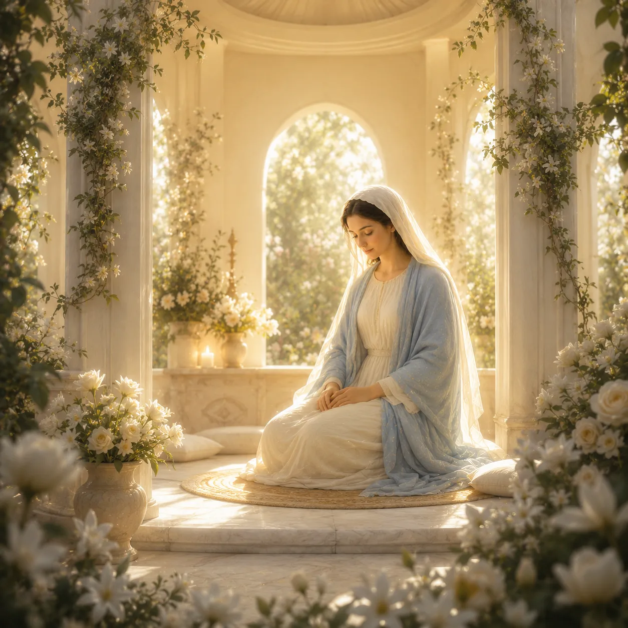 Maria sentada ao centro do templo do silêncio dentro de um jardim