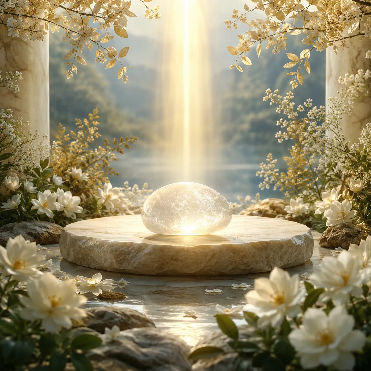 Pedra clara iluminada por um raio dourado vertical no centro de um jardim sereno, cercada por flores brancas e folhas delicadas.