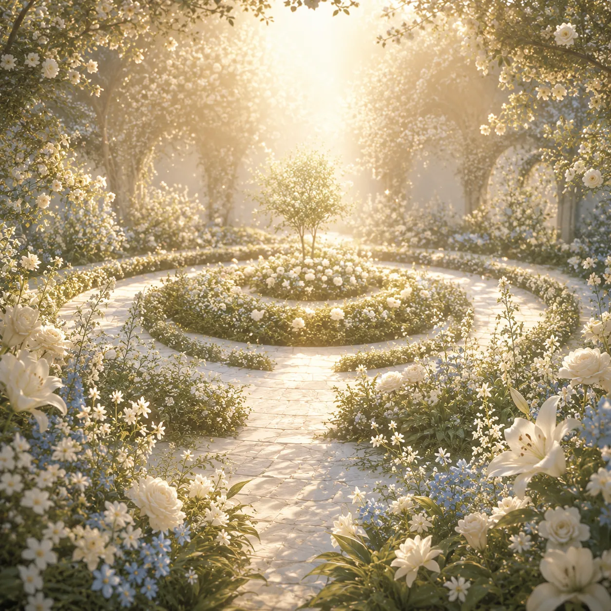 Jardim 1 Jardim aberto luminoso com caminhos circulares de pedra clara, flores brancas, folhas verdes suaves e luz dourada descendo sobre o centro.