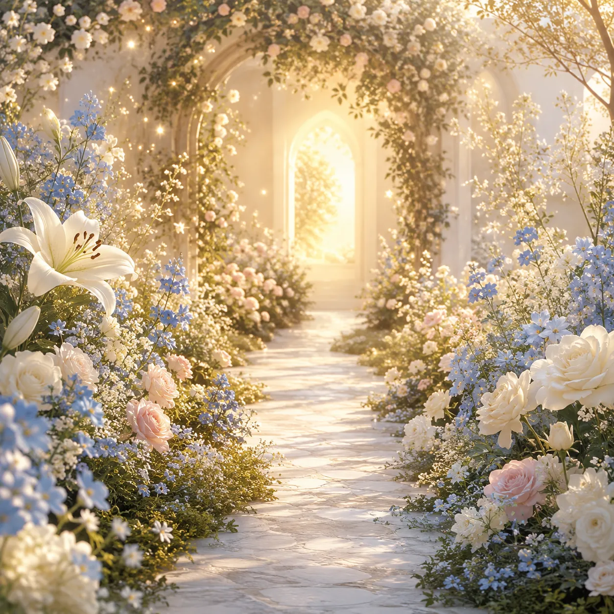 Jardim luminoso ao amanhecer com flores brancas e azul-claras, caminho de pedras claras e luz dourada ao fundo, simbolizando acolhimento, paz e abertura interior.