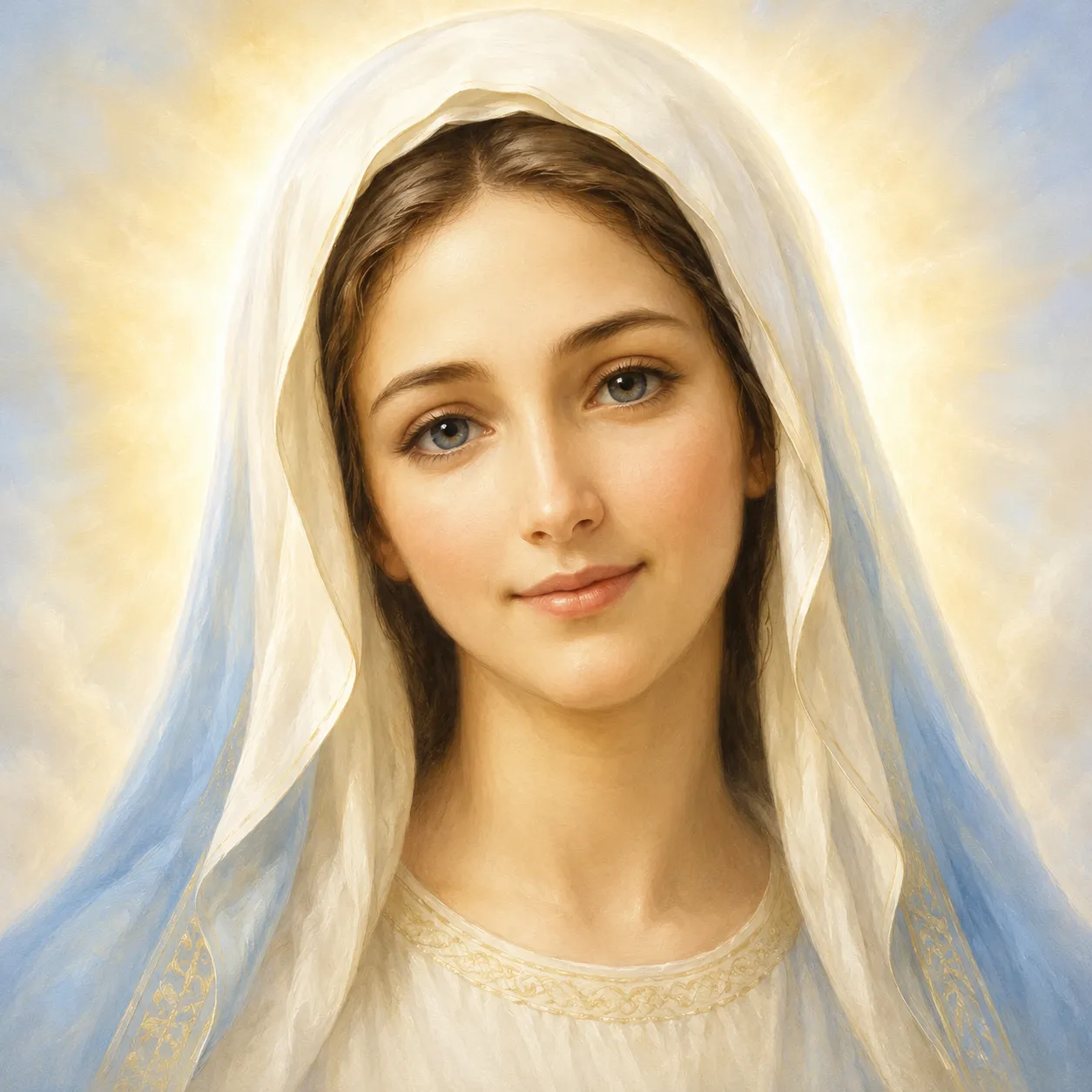 Imagem espiritual de Maria com véu branco e azul, expressão serena e luz dourada ao redor, representando acolhimento, paz e amor para a consciência.