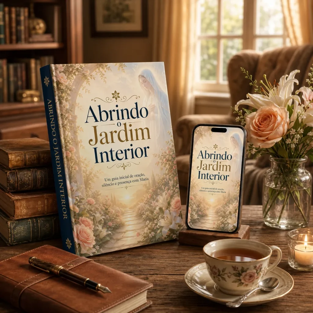 Mockup 3D do livro Abrindo o Jardim Interior ao lado de um smartphone exibindo a mesma capa, sobre uma escrivaninha de madeira com chá, flores, vela e diário em um canto de leitura acolhedor.