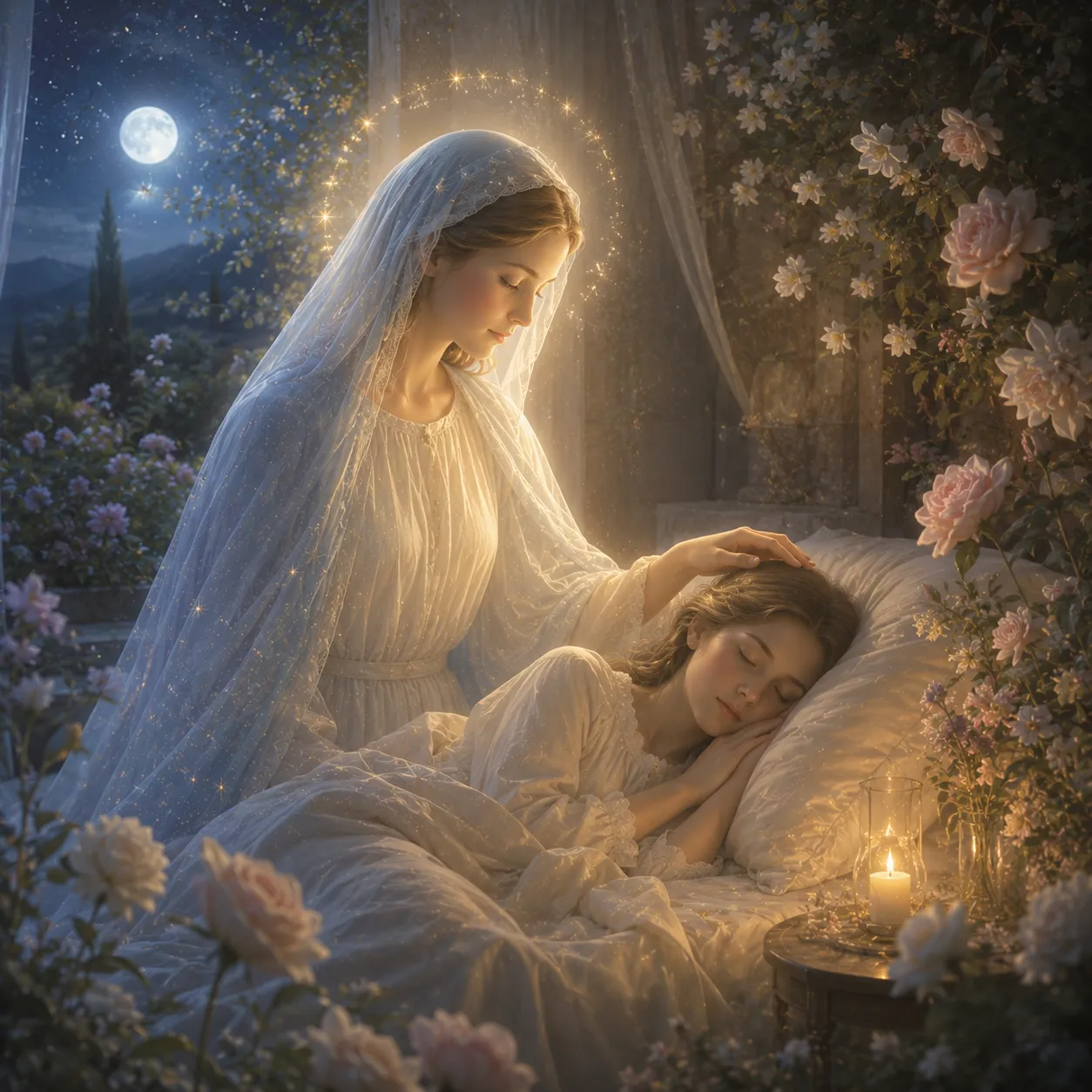 Imagem simbólica de Maria abençoando uma pessoa adormecida em um quarto sereno, com luz suave, flores e luar, representando uma oração para dormir em paz.