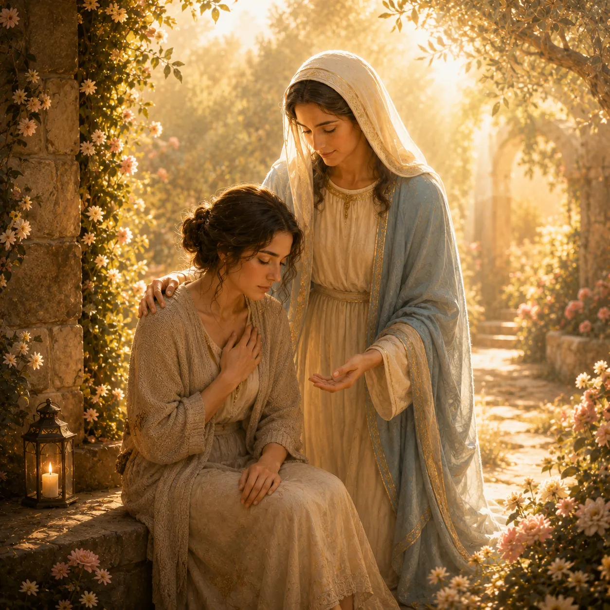 Imagem simbólica de Maria acolhendo uma mulher em um jardim iluminado, representando libertação do medo, proteção espiritual, paz interior e confiança em Deus.