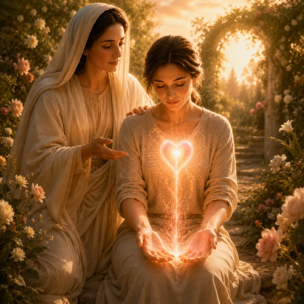 Ativação do Amor Aplicado 1 Maria em jardim dourado ao lado de uma pessoa com luz rosa-dourada descendo do coração para as mãos, ativando o amor aplicado, serviço, cuidado e presença.